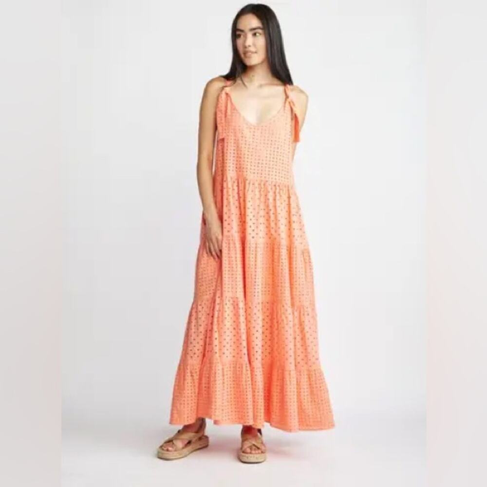Self Contrast Cabana Cotton Coral Tiered Maxi Dress Large Resortwear